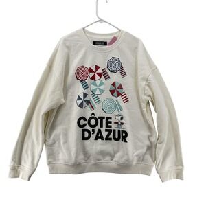 Peanuts Sweatshirt Womens 2XL Côte d'Azur Snoopy Beach Umbrellas Crewneck Shirt